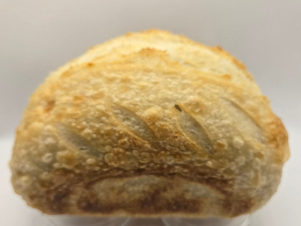 Loaf of bread in a clear plastic container on a white background